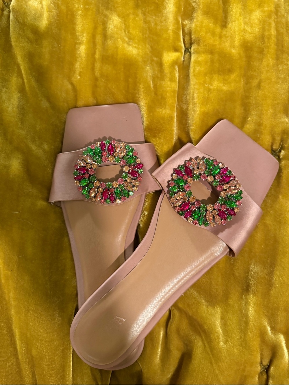 Zara Pink Satin Sandals with Multicolor Crystal Wreath